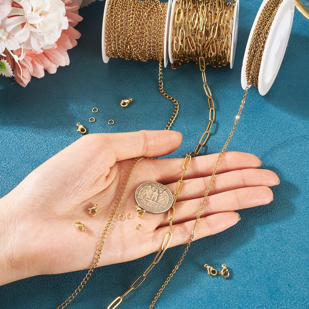 Boutigem 3 rotoli da 12 m di catena in acciaio inox dorato, kit per la creazione di braccialetti e collane, catena a maglia barbazzale ovale in metallo, per la creazione di gioielli fai da te