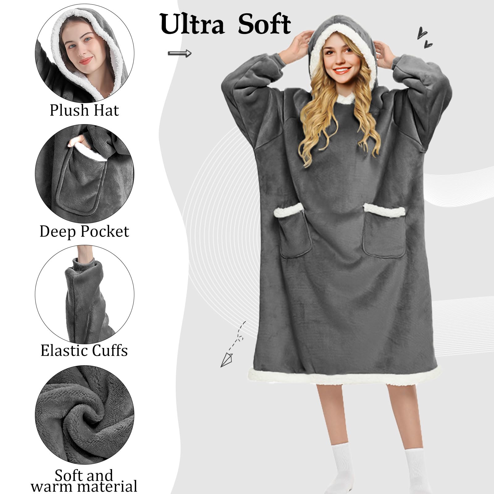 FEELJAM Coperta con cappuccio Coperta con maniche Plaid con manica Felpa donna plaid Coperta gigante con maniche - 80 x 150 cm, Grigio scuro