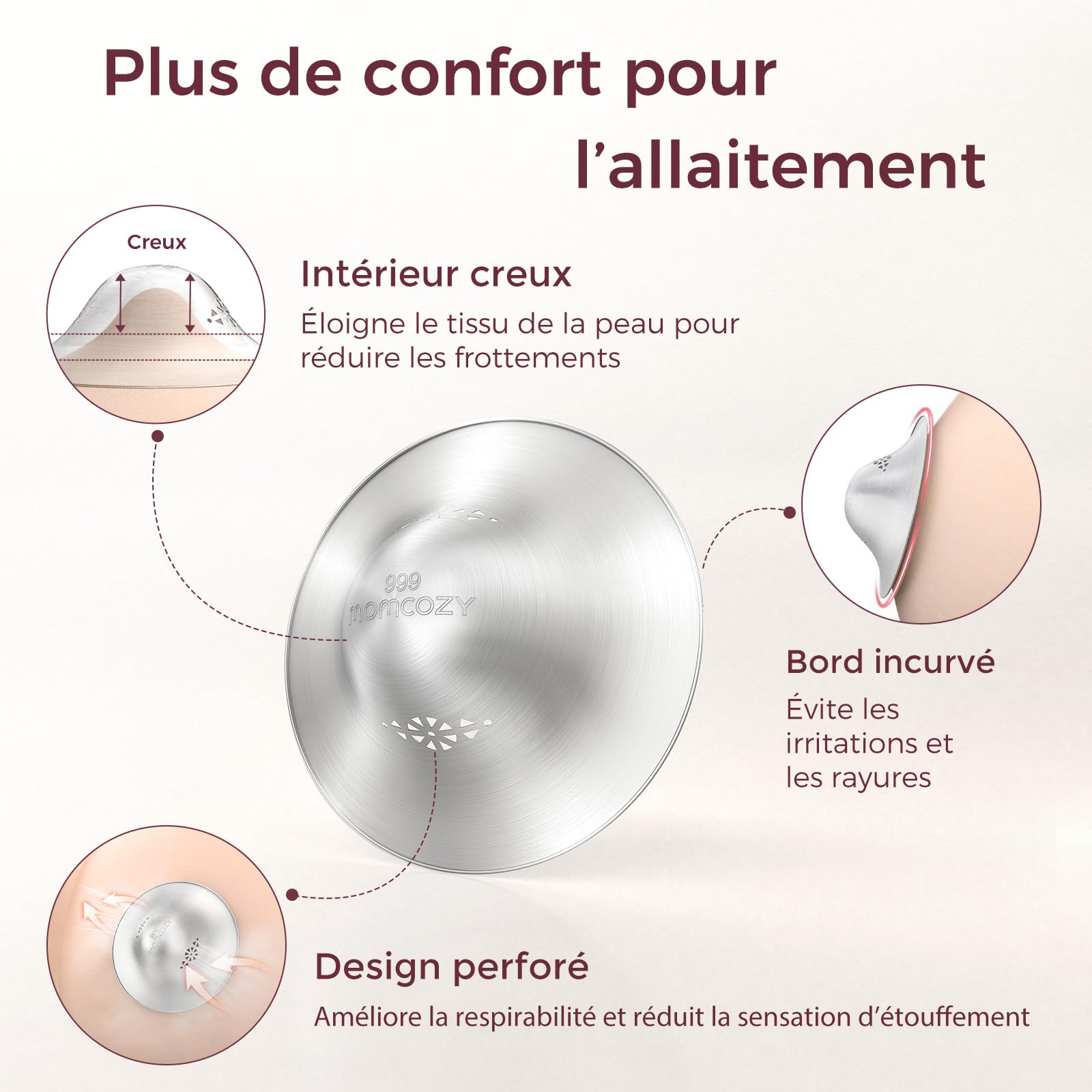Momcozy 999 Coupelle Argent Allaitement, Design Original Perforé Respirant, Couvre-mamelon Allaitement Essentiel, Protection Mamelon Métal pour Nourrisson, Taille XXL (65 mm)