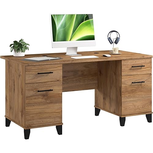 Bush Home 60-Inch Office Desk with Drawers, Computer Desk with File and Box Drawers, Home Office Workstation with Storage Cabinet, Writing Desk Furniture, Somerset Collection, Fresh Walnut