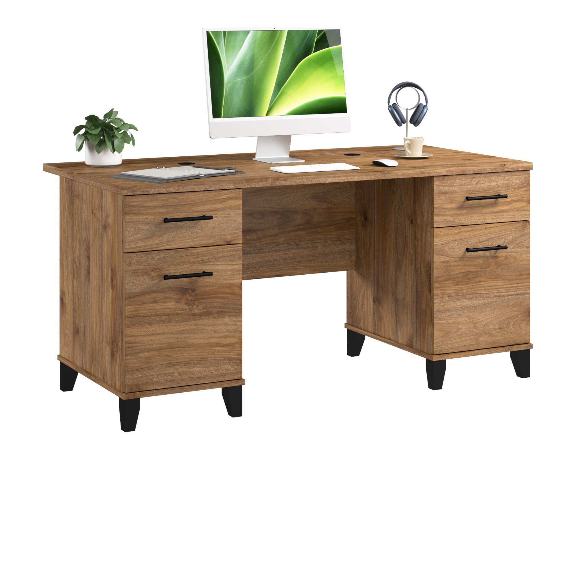 Photo 1 of Bush Home 60-Inch Office Desk with Drawers, Computer Desk with File and Box Drawers, Home Office Workstation with Storage Cabinet, Writing Desk Furniture, Somerset Collection, Fresh Walnut