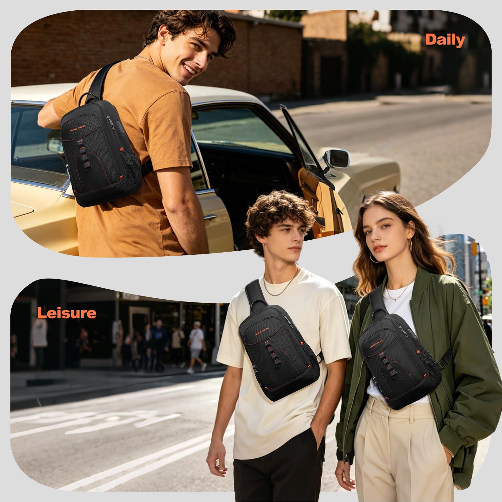 Bolso Bandolera Hombre y Mujer para iPad 11,3", Bolso Cruzado | Impermeable con Puerto USB, Mochila Bandolera de Tela Oxford 1680D Antirrobo, Ligera para Trabajo Viaje y Diario (10L Negro)