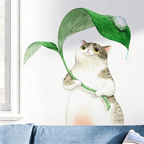sacinora - Calcomanías de pared con diseño de gatito y hojas verdes, calcomanías de pared de vinilo removibles para niños, sala de estar,
