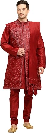 ITOS365 Mens 4-Piece Art Silk Kurta Pajama Set with Embroidered Jacket & Dupatta Wedding & Festive Wear