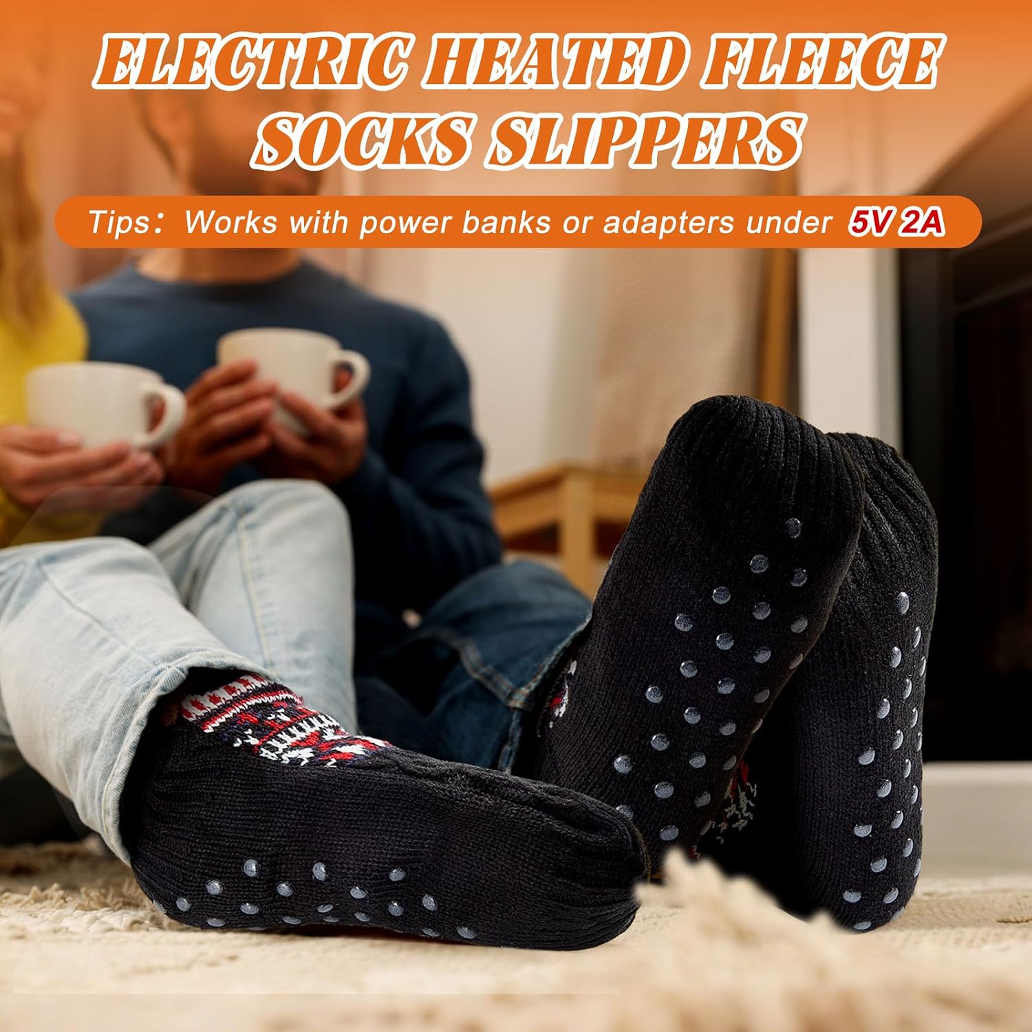 Chicingyou Electric Heated Fleece Socks for Men Women, Winter USB Heating Socks Foot Heater Anti-Slip Thermal Indoor Footwear Foot Warmer Fit for Women's 7.5-10.5 Men's 6-9