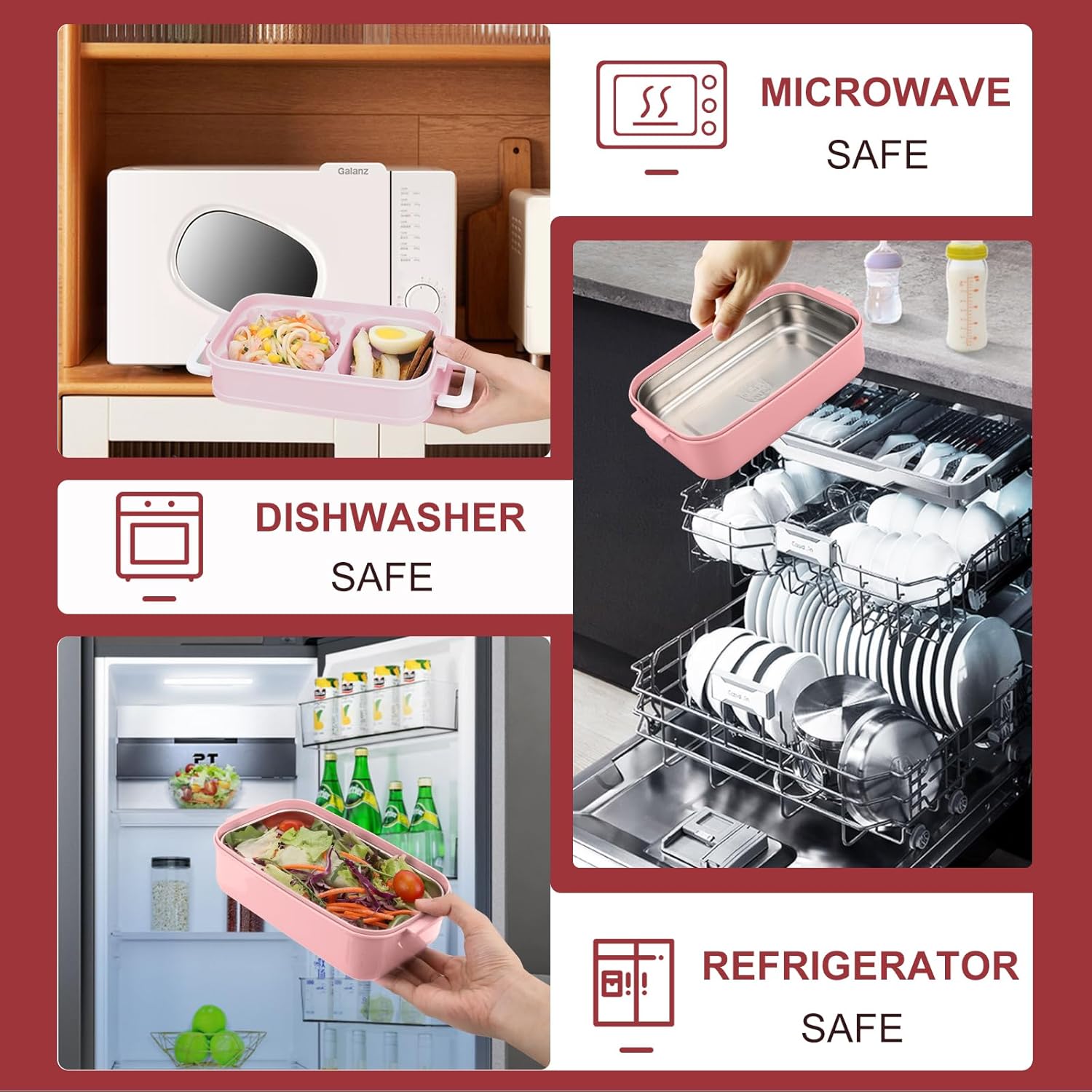 Bento Box Adult Lunch Box with Thermo Bag, 3-Tiers Adult Bento Box with Food-grade Utensil Set for Women, 60 fl-oz Large Lunchable Food Container with Sauce Container for Work, BPA-Free(Pink)