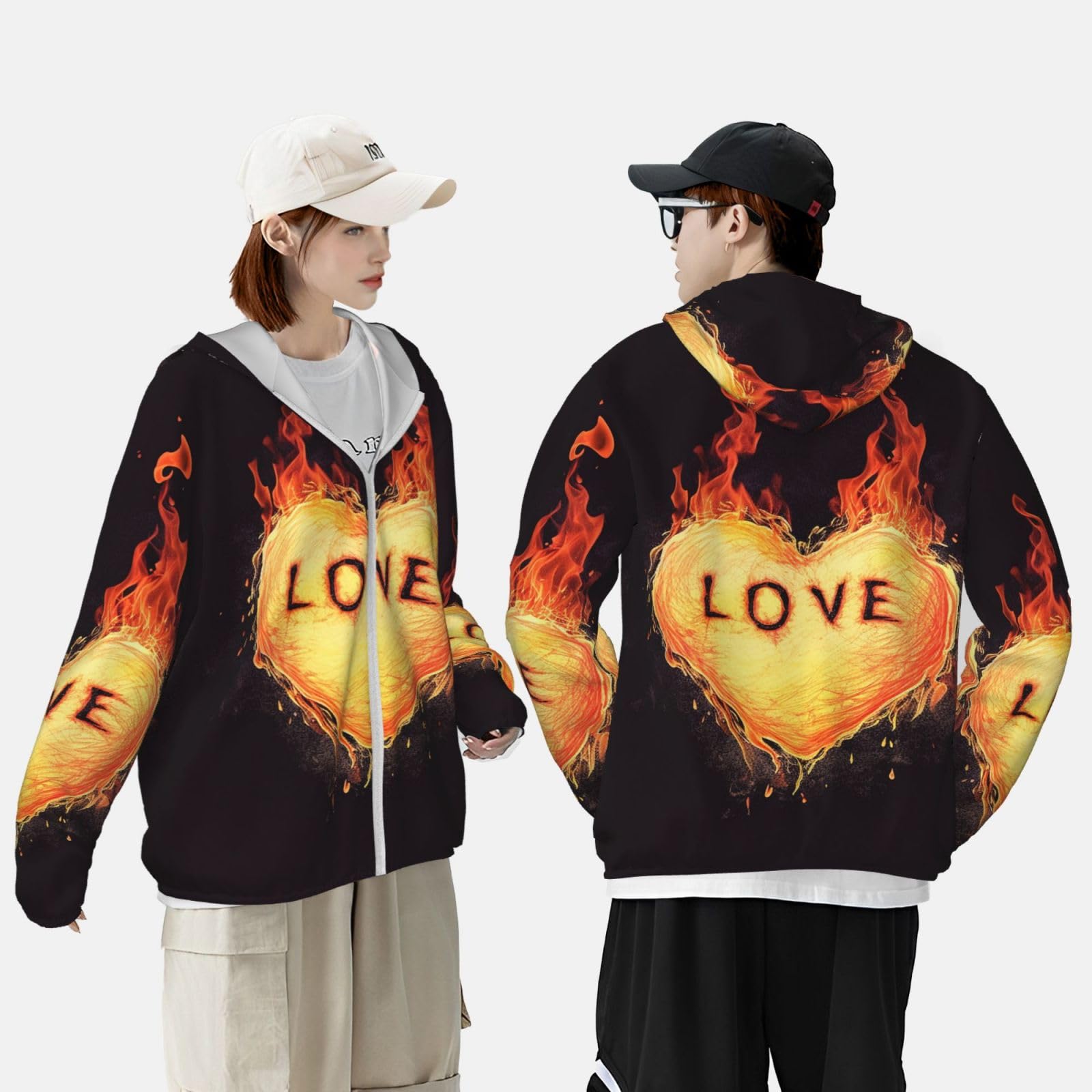 NONHAI Men's Sun Protection Jacket UPF 50+ Full Zipper Long Sleeve UV Hoodie Shirt Love Burns Women's Outdoor Jacket Black