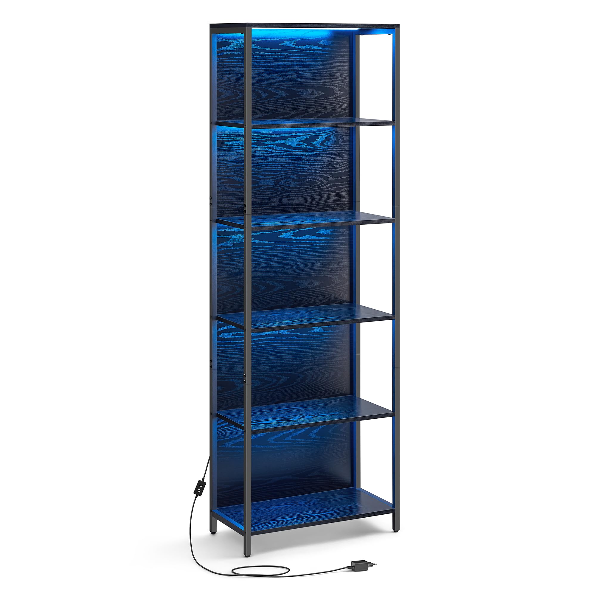 VASAGLE Scaffale a 6 Ripiani con Luce LED Dimmerabile, Libreria con Struttura in Acciaio, 30,3 x 60 x 178,6 cm, per Soggiorno, Camera da Letto, Ufficio, Nero Ebano LLS120B57