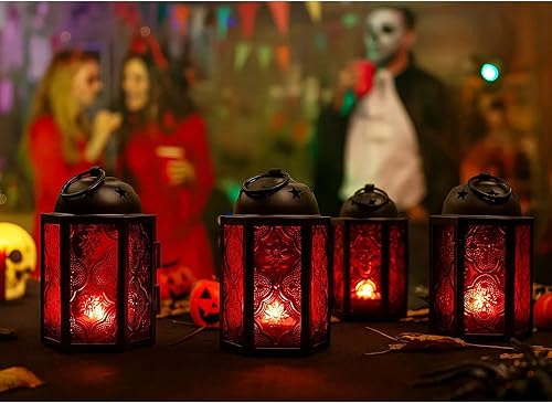 Miniatura 6 de Juego de 4 faroles portavelas Vela Lanterns, decorativos, marroquíes, de cristal rojo, tamaño pequeño