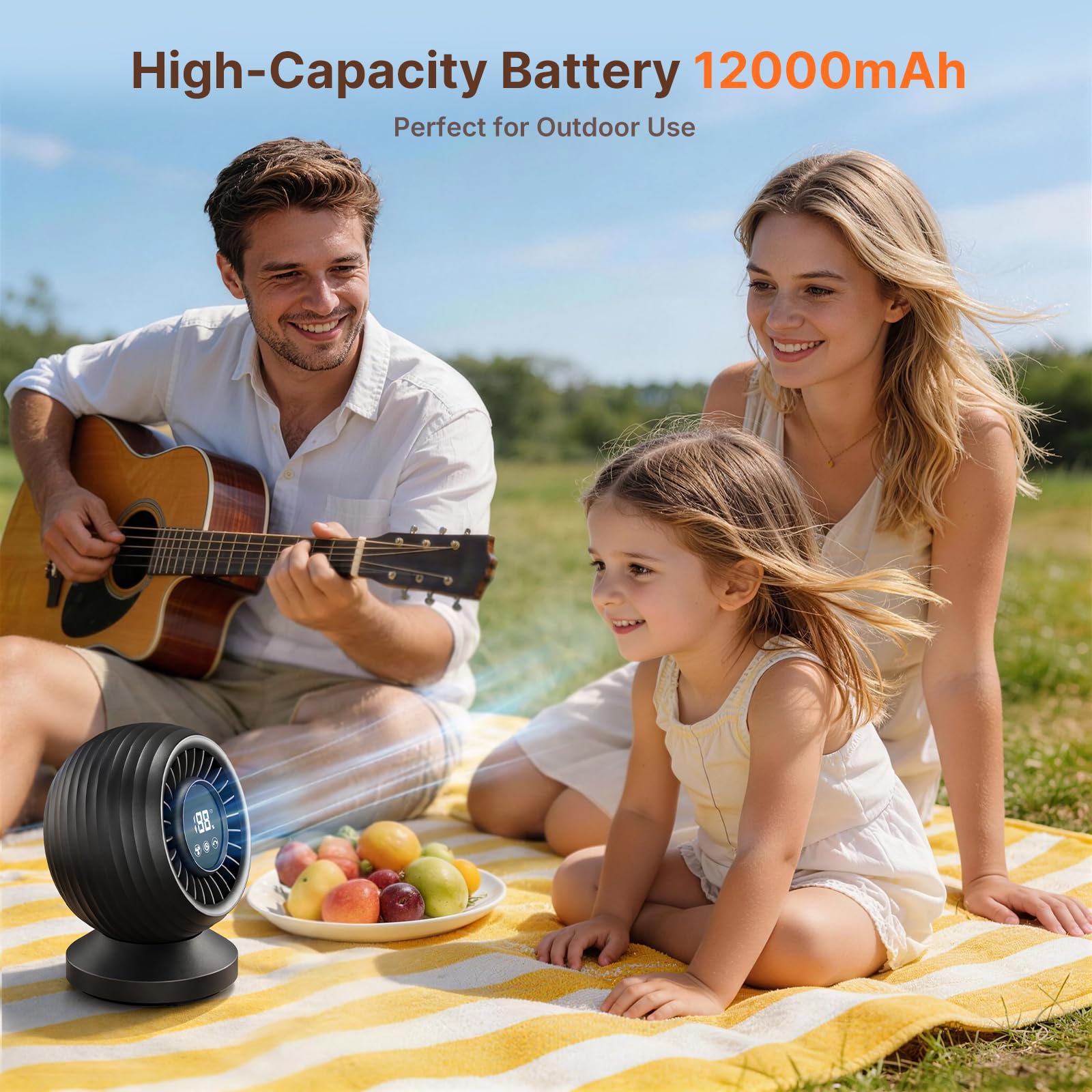 Ventilateur de Table Silencieux 22 dB, Circulateur d’Air 3D Turbo, Oscillation 120°, 7 Vitesses, Batterie 12000 mAh, Écran Tactile LED, Ventilateur de Bureau pour Chambre, Salon et Bureau – Noir