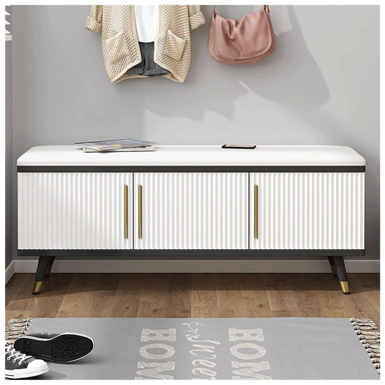 Banc ottoman de rangement à chaussures blanc grande capacité et rembourré pour entrée moderne