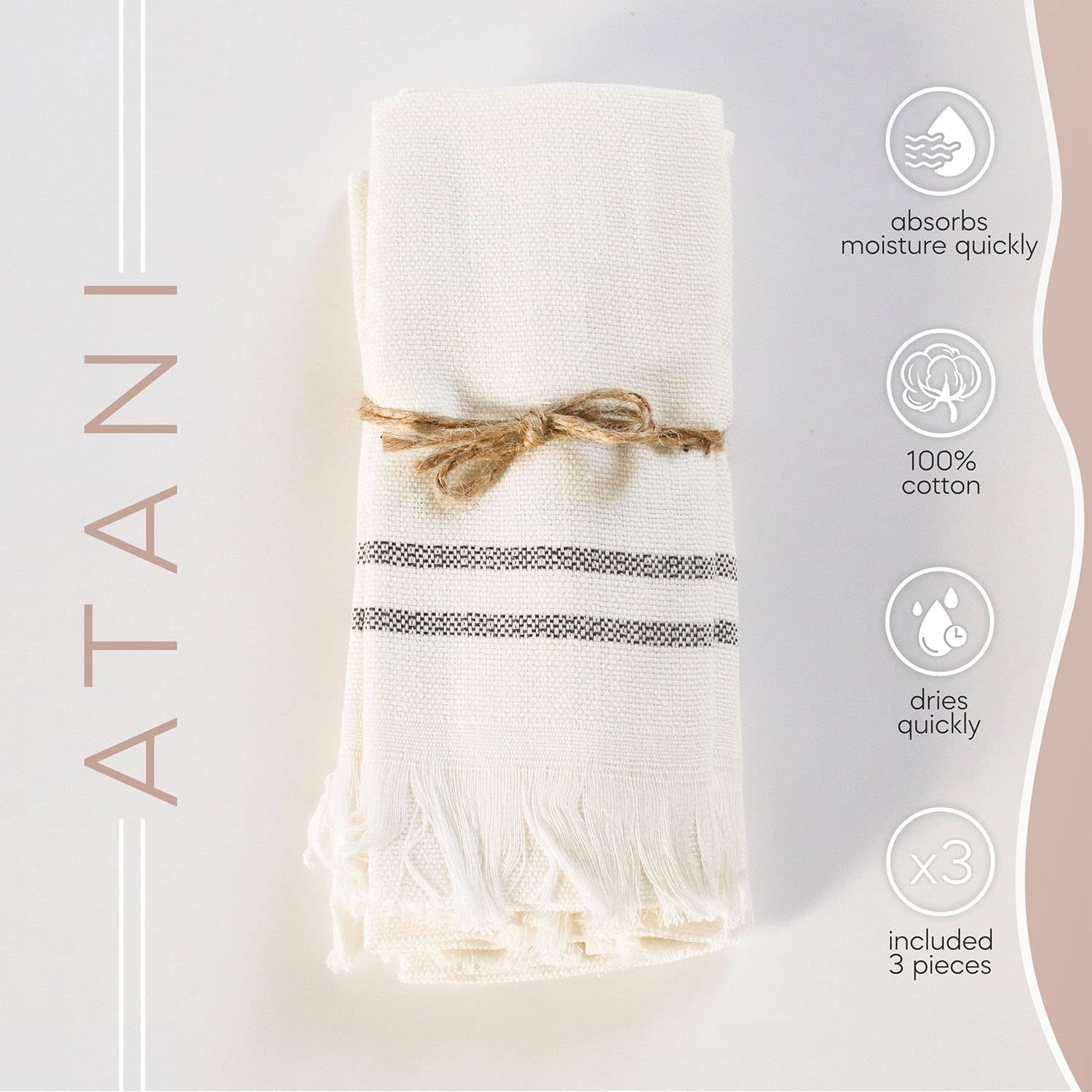 ATANITurkish Kitchen Towels Set of 3 – 100% Pure Cotton, 24x16 Inches, Floral Design, Super Absorbent Dish Towels, Machine Washable Kitchen Hand Towels