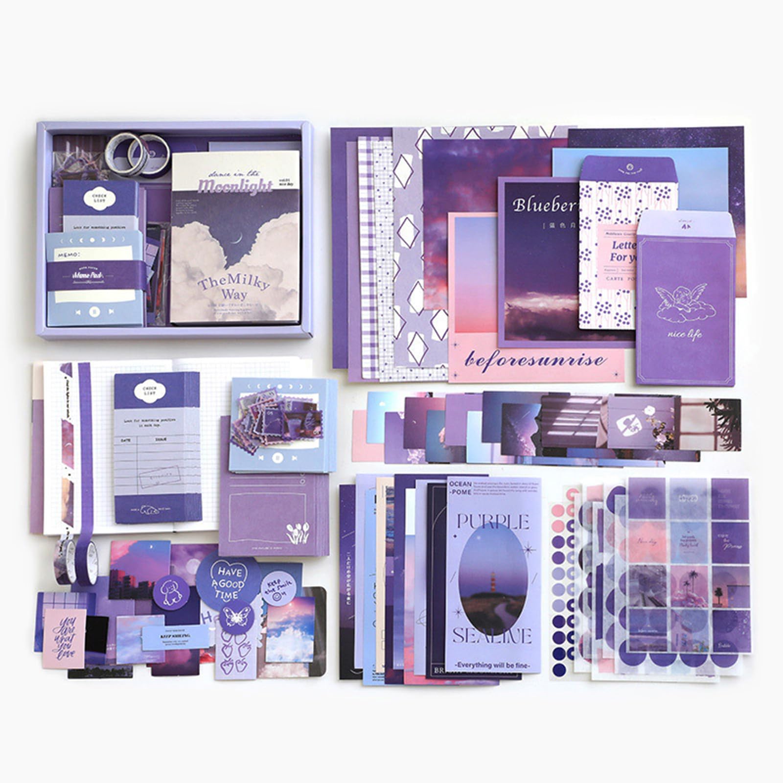 Kit de Scrapbook Estético 348 Piezas, Set de Journaling con Cuaderno A6 de Cuadrícula, Materiales para Scrapbooking, Washi Tape, Estilo Púrpura, para Principiantes, Regalo Creativo
