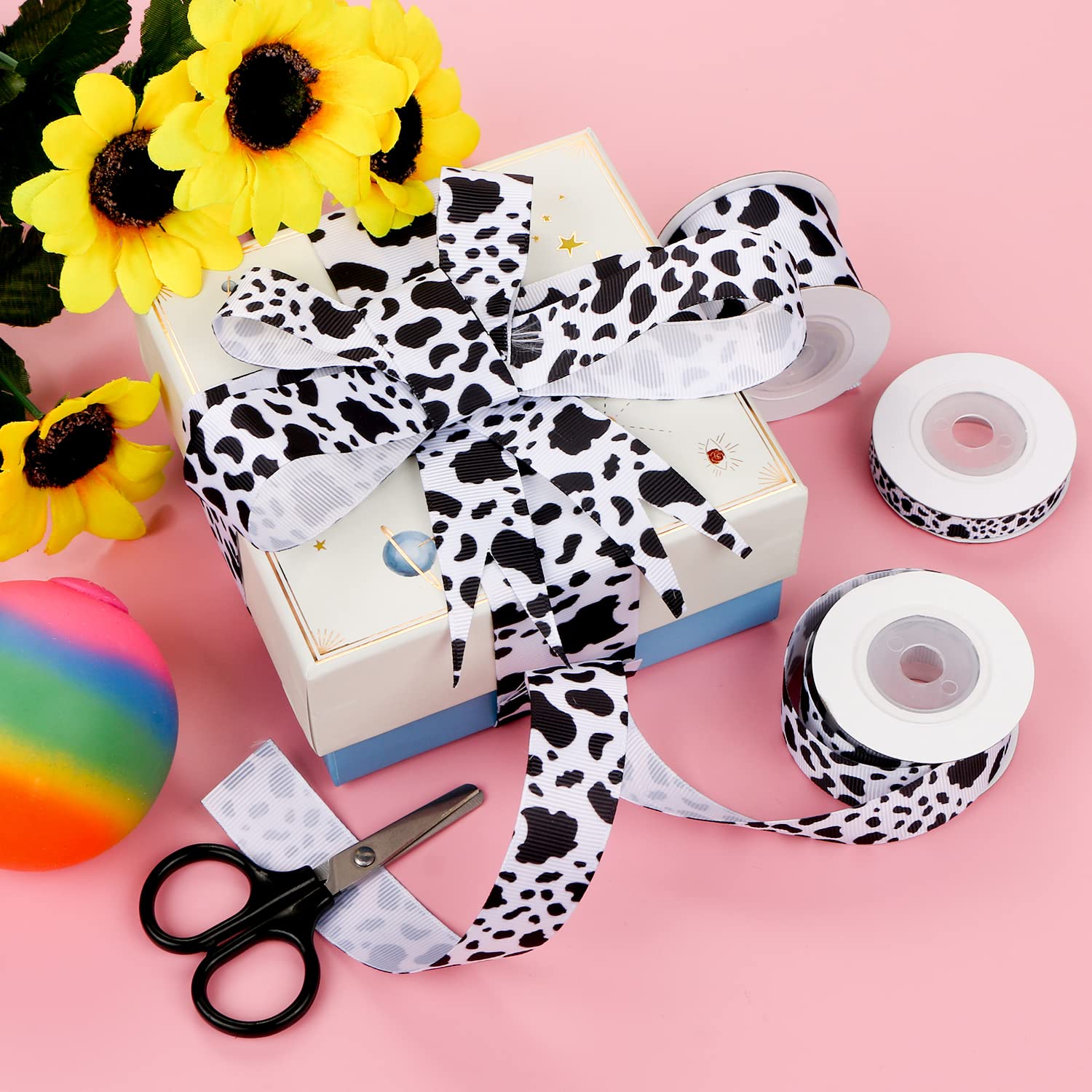 Lot De 3 Rouleaux De Ruban Imprimé Vache - 13,1 M - Motif à Pois - Imprimé Animal - Noir Et Blanc - Pour Bricolage, Emballage Cadeau, Décoration De Fête (3 Tailles Mélangées