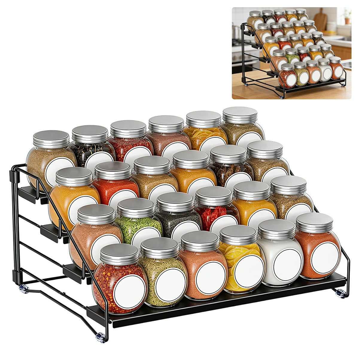 Elyyapt 4 Tier Spice Rack Organiser Tiered Adjustable Spice Shelf Metal Spices Holder Metal Seasoning Bottle Organizer Condiment holder Storing 24 Spices Jars for Kitchen Countertop Cupboard Pantry