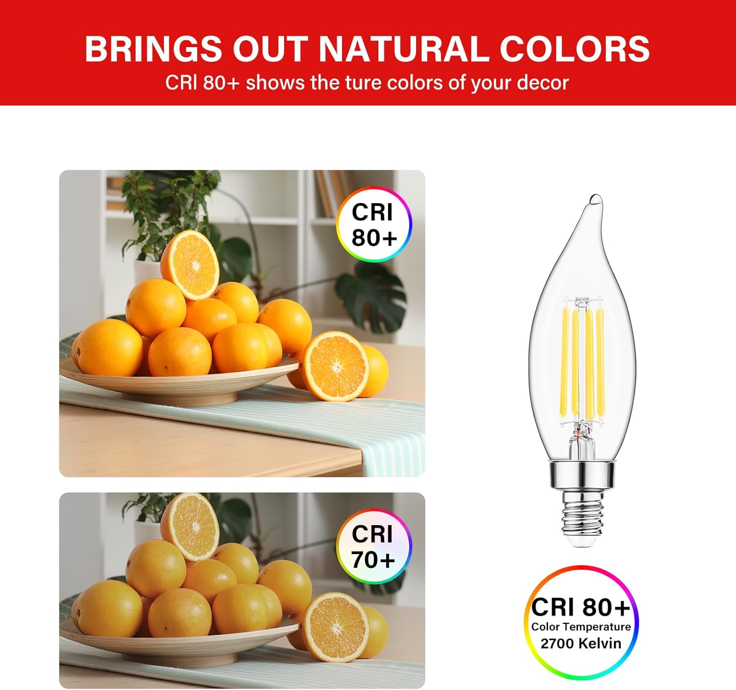 Sengled Candelabra Light Bulbs,Dimmable 2700K Soft White E12 Chandelier Bulbs,60 Watt Equivalent 450 Lumens Warm White CA10 Filament Clear Candle Bulbs ETL Listed,6 Packs