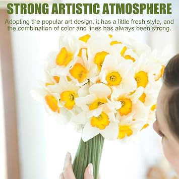 6 Stems Daffodils Artificial Flowers, 15 inch Artificial Daffodils that Look Real, White Faux Daffodil Bouquet, Silk Narcissus Fake Flowers for Home Office Floral Arrangement, Wedding Party Decor