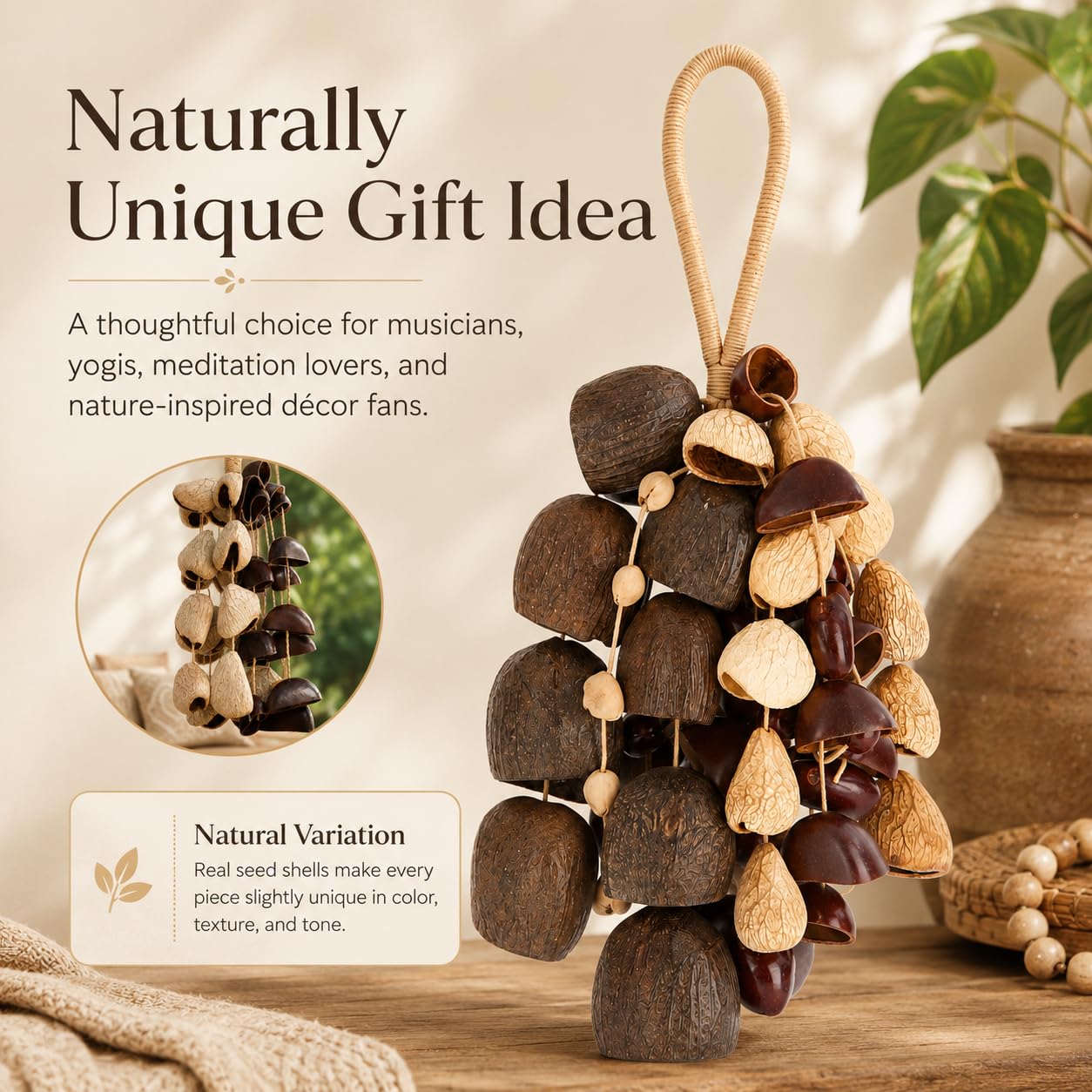 Coctelera africana natural de cacho, sonajero, cáscaras de nueces, sonido curativo de mano, regalos de percusión