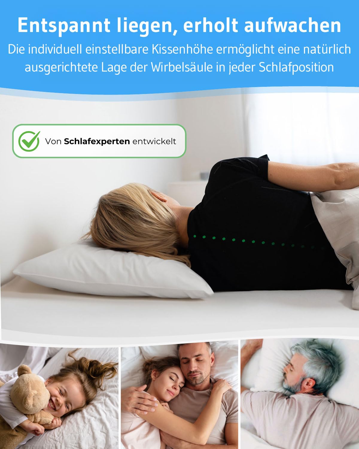 Kopfkissen 40x60 VERDA 2er Set, ergonomisches Bett-Kissen höhenverstellbar | Pillow 40 x 60 cm aus recyceltem Material, Höhenverstellbares Schlafkissen für Rückenschläfer, Seitenschläfer, Allergiker