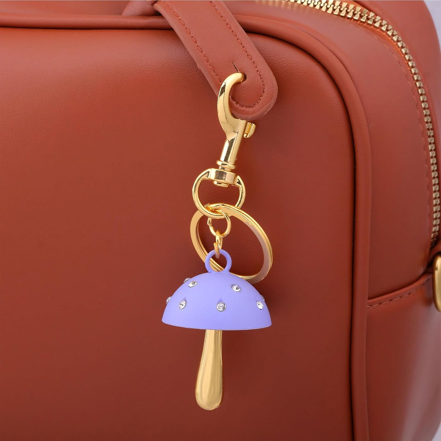 Mushroom Bag Charm Keychain for Women - Gold Key Chain Small Crystals - Cute Purse Handbag Car Accessory - Image 4