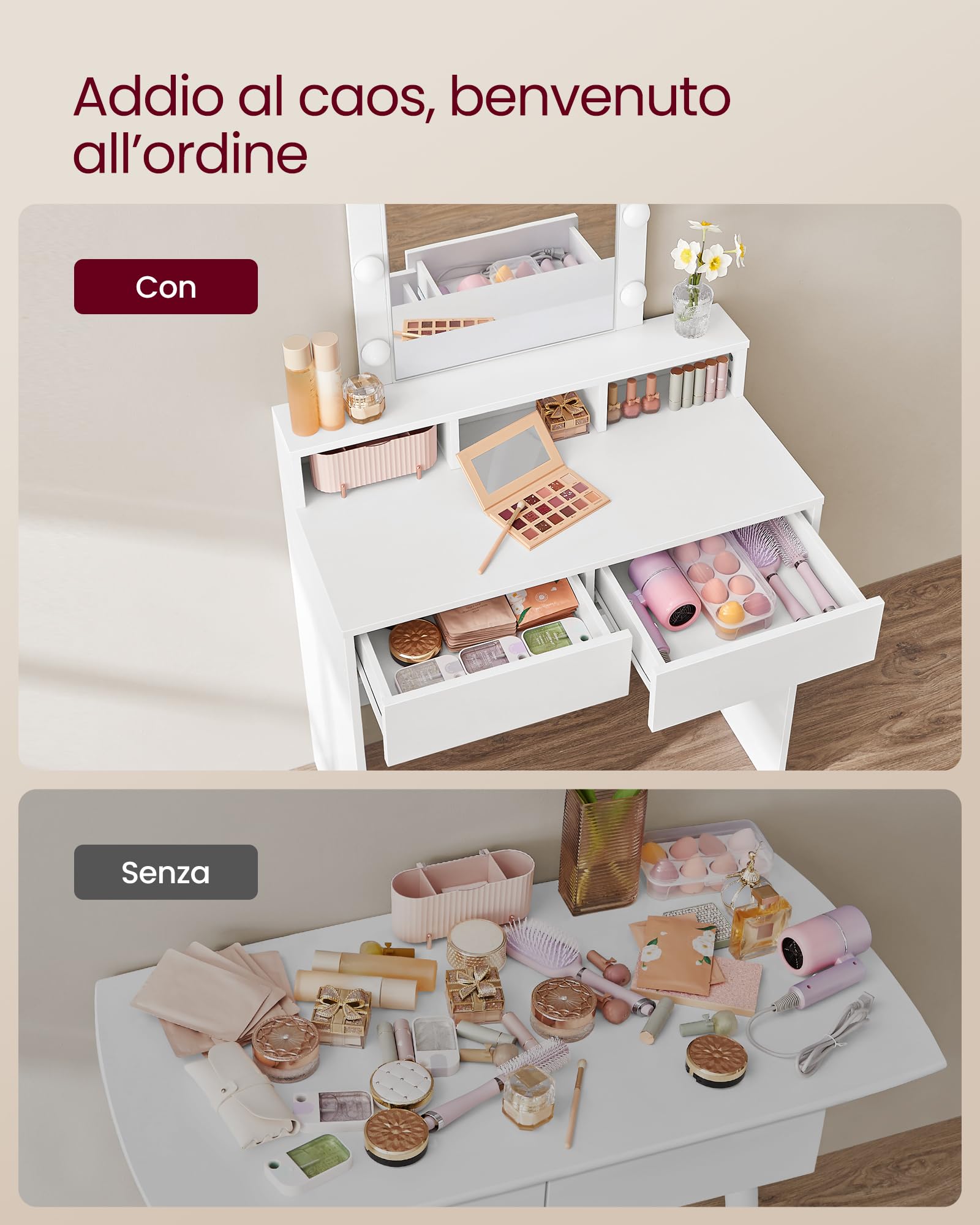 VASAGLE KAILYN Collezione - Toeletta, Luce LED Regolabile a 3 Colori, Tavolo da Trucco con Specchio, 2 Cassetti e 3 Scomparti, Postazione Trucco, Moderno, Bianco RDT114WB01