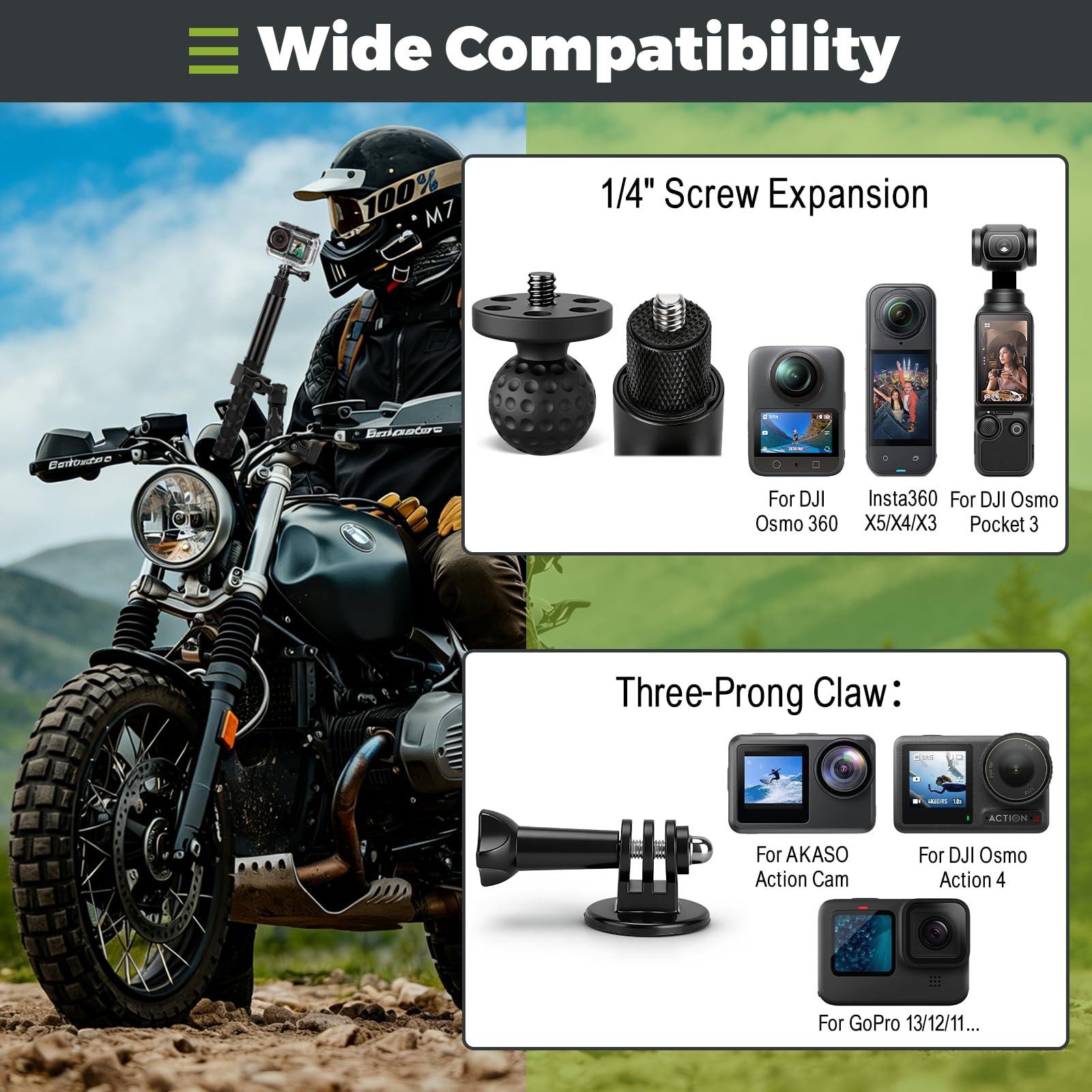 Motorrad Halterung für Insta360 X5 X4, Fahrradlenker Montageset mit 120cm Unsichtbarem Selfie Stick Double Clamp Kamera Zubehör für Insta 360 X5 X4 X3 ONE X2 GoPro Hero 13 12 DJI Osmo Pocket 3/4