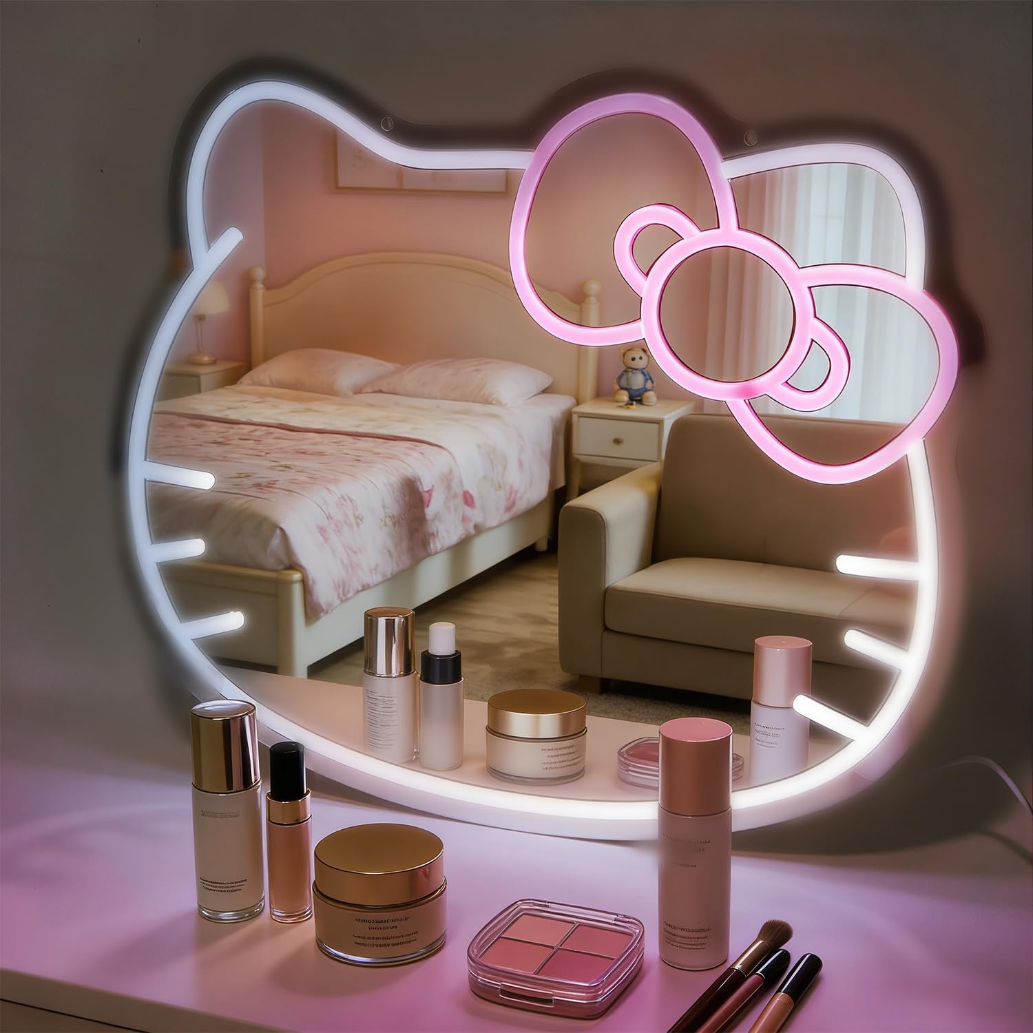 Anime Neon Sign Vanity, Bedroom Wall Mirror 16x14inch Large Size for Pink Room Decor, Makeup Mirror with Remote for Teen Girl Gifts for Birthday Christmas Halloween Thanksgiving Valentine's Day