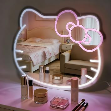 Anime Neon Sign Vanity, Bedroom Wall Mirror 16x14inch Large Size for Pink Room Decor, Makeup Mirror with Remote for Teen Girl Gifts for Birthday Christmas Halloween Thanksgiving Valentines Day