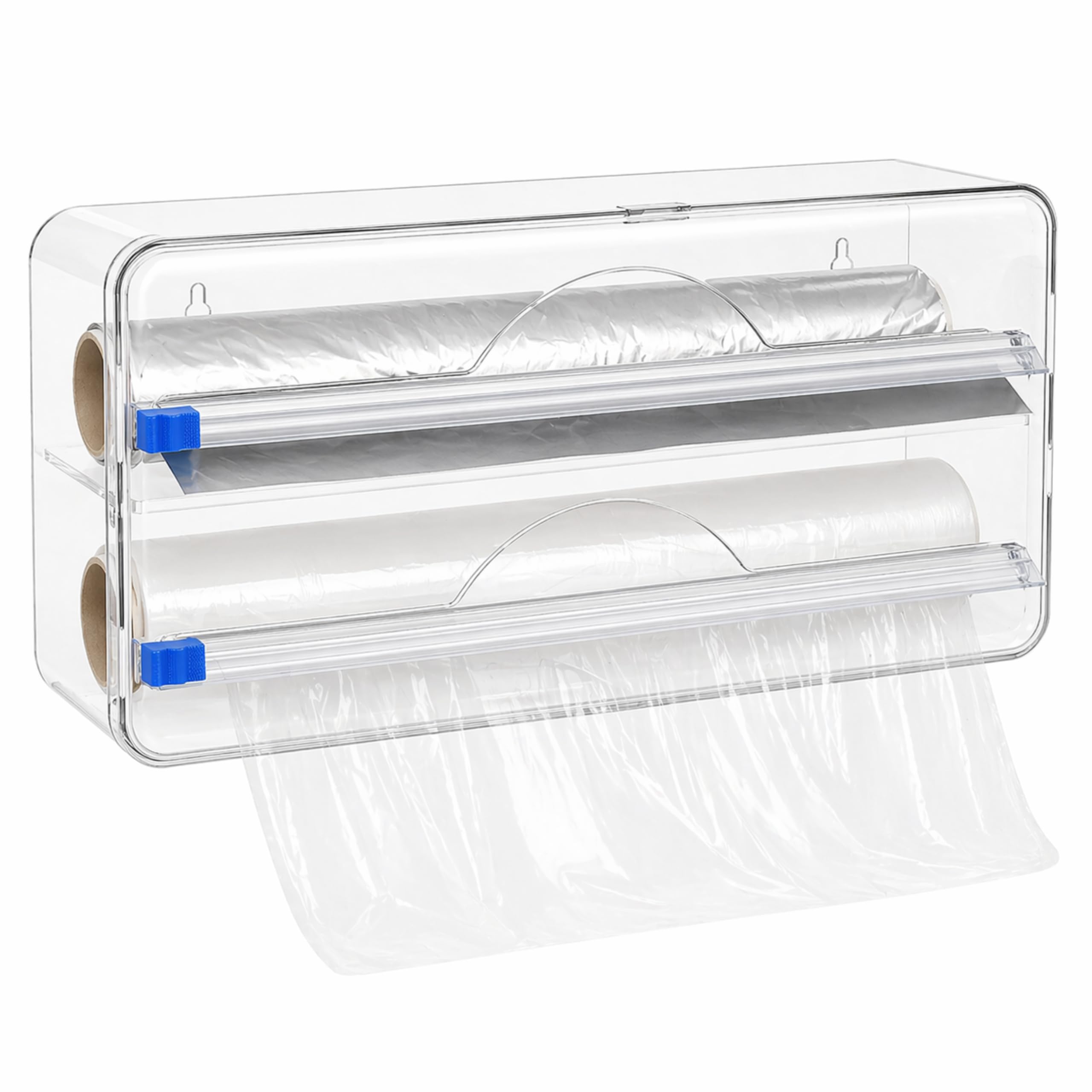 2in1 Plastic Wrap Dispenser with Cutter – Wall Mounted Organizer with Magnetic Hooks, 13inch Plastic Wrap Dispenser for Foil, Cling Wrap & Wax Paper for Easy Storage, Clear Foil Dispenser with Cutter