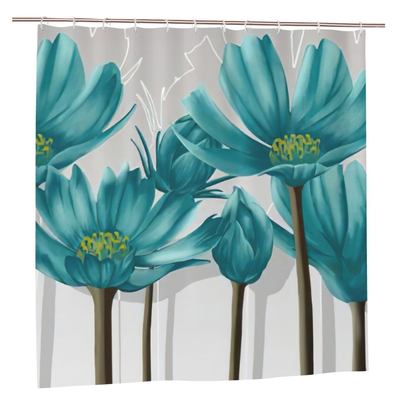 Rideau de douche imprimé floral gris sarcelle 183x183 cm en polyester résistant avec œillets