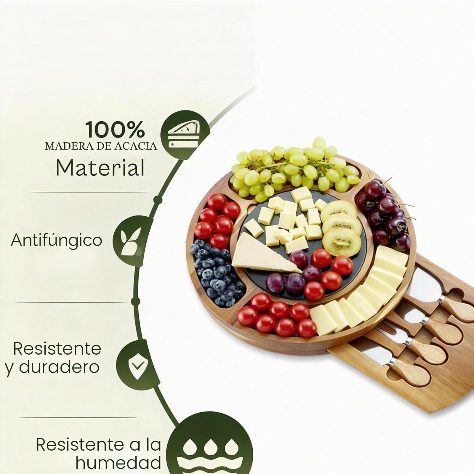 RAXCO Juego de regalo de tabla de queso de madera de acacia con placa de pizarra, tabla redonda de embutidos de 32 cm con cajón oculto y 4 cuchillos de queso especializados