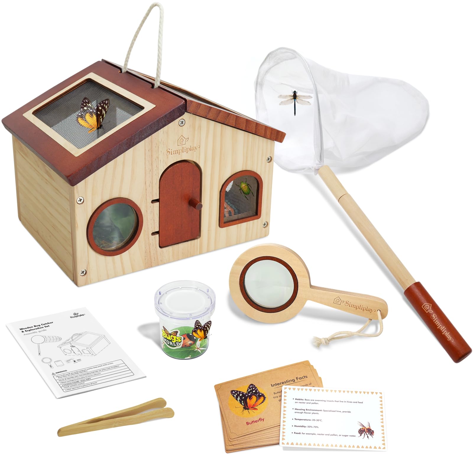 Simpliplay Kids Explorer Kit & Bug Catcher for Kids, Outdoor Toys with Portable Wooden Bug Habitat, Net, Magnified Viewer, Observation Cup, 15PCS Insect Cards for Kid 4 5 6 7 8 Year Old Boy Gift