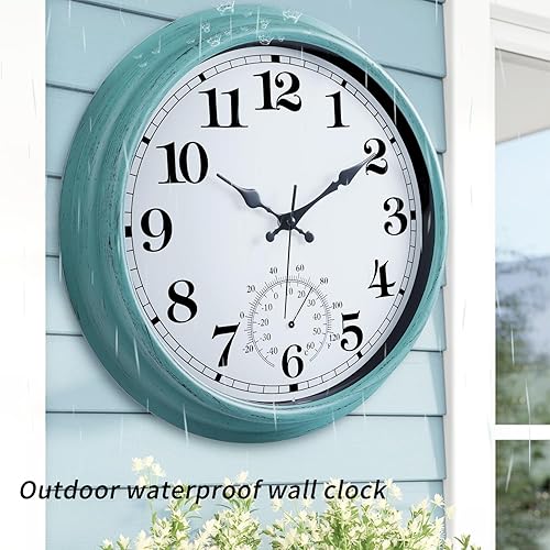Miniatura 5 de QWARVEL Reloj grande de 16 pulgadas para exteriores, reloj retro impermeable para interiores y exteriores, reloj sin tictac con termómetro, reloj de