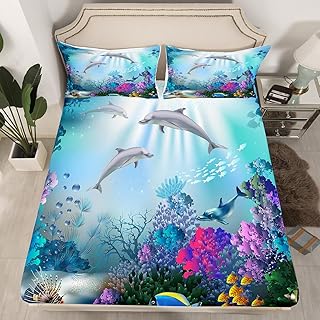 Erosebridal Dolphin FittedÂ Sheet Twin Size,3D Fish BeddingÂ Sets Colorful Coral Reef BedÂ Sheets Nautical Sea Animal Aquarium BeddingÂ DecorÂ Set Underwater World Marine Life Bedroom Decor