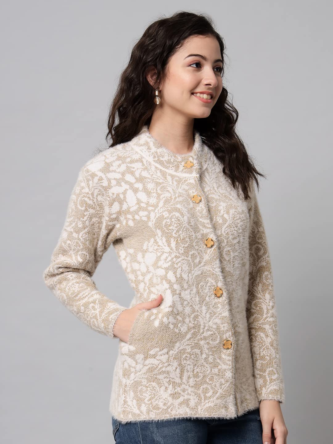 eWools Women's Wool Round Neck Cardigan (XL, Camel) - Image 3 thumbnail