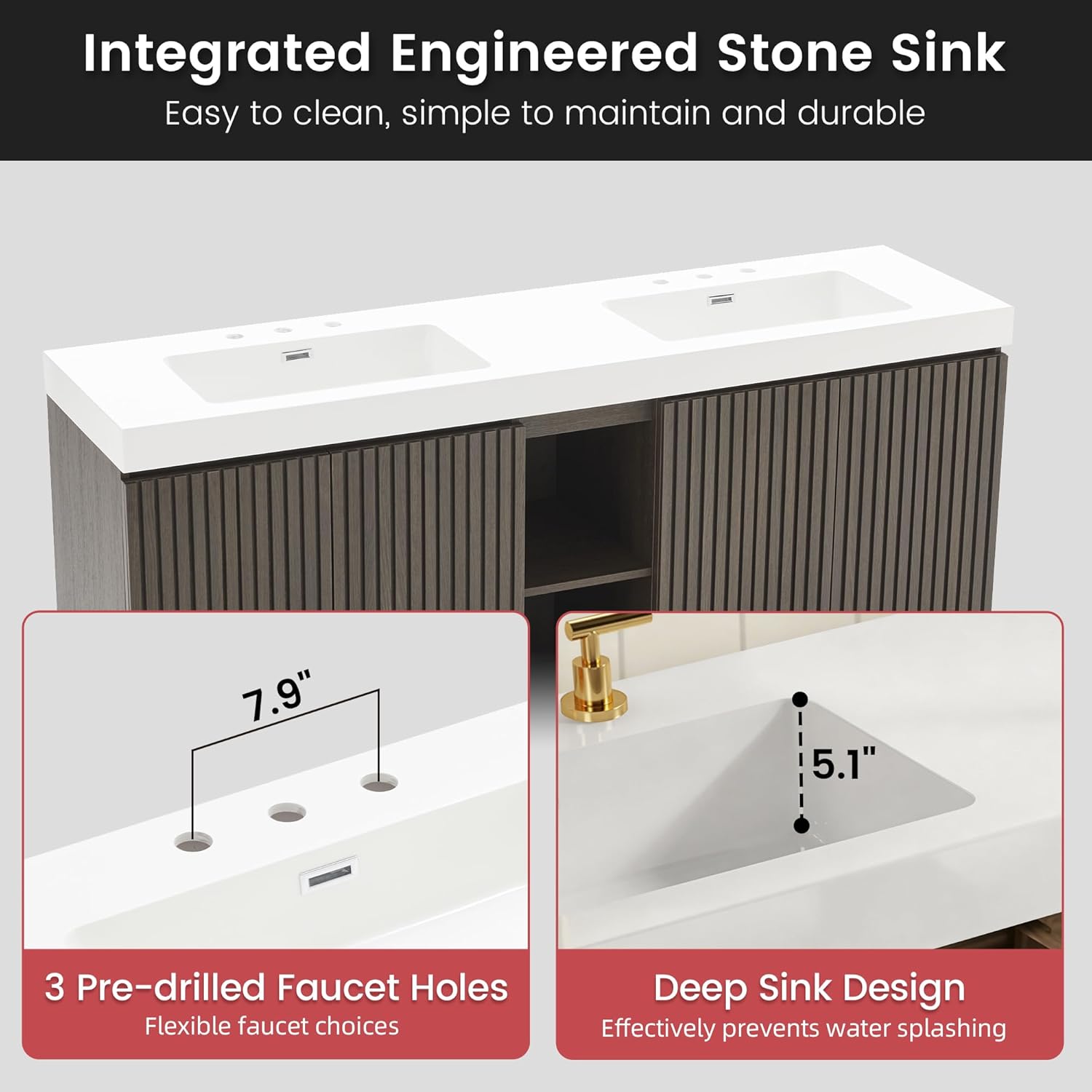 72" Bathroom Vanity with Double Sink, Freestanding Double Sink Bathroom Vanity with White Engineered Stone Top, Open Storage Cabinet & Adjustable Shelf, 4 Soft-Closing Doors, Smoked Oak Brown