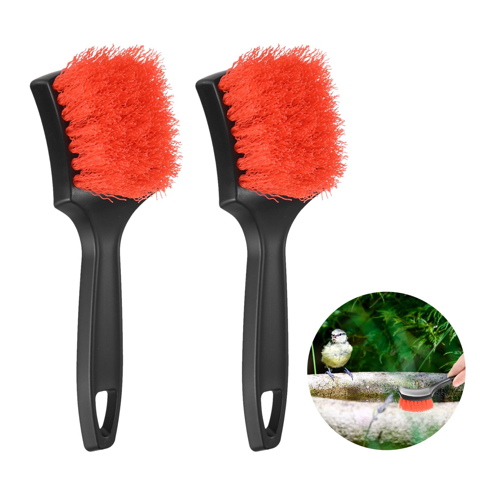 M METERXITY 2-Pack Bird Bath Cleaning Brush, 8.3 Inch Plastic Bird Bath Cleaner with Ergonomic Handle for Feeder/Fountain/Outdoor Cleaning, Utility Hard Stiff Bristle Scrub [Red]