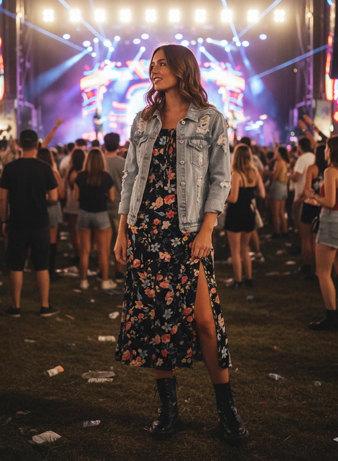 BLENCOT Womens Casual Square Neck Long Sleeve Boho Floral Midi Dress Print Side Split Dresses - Image 5