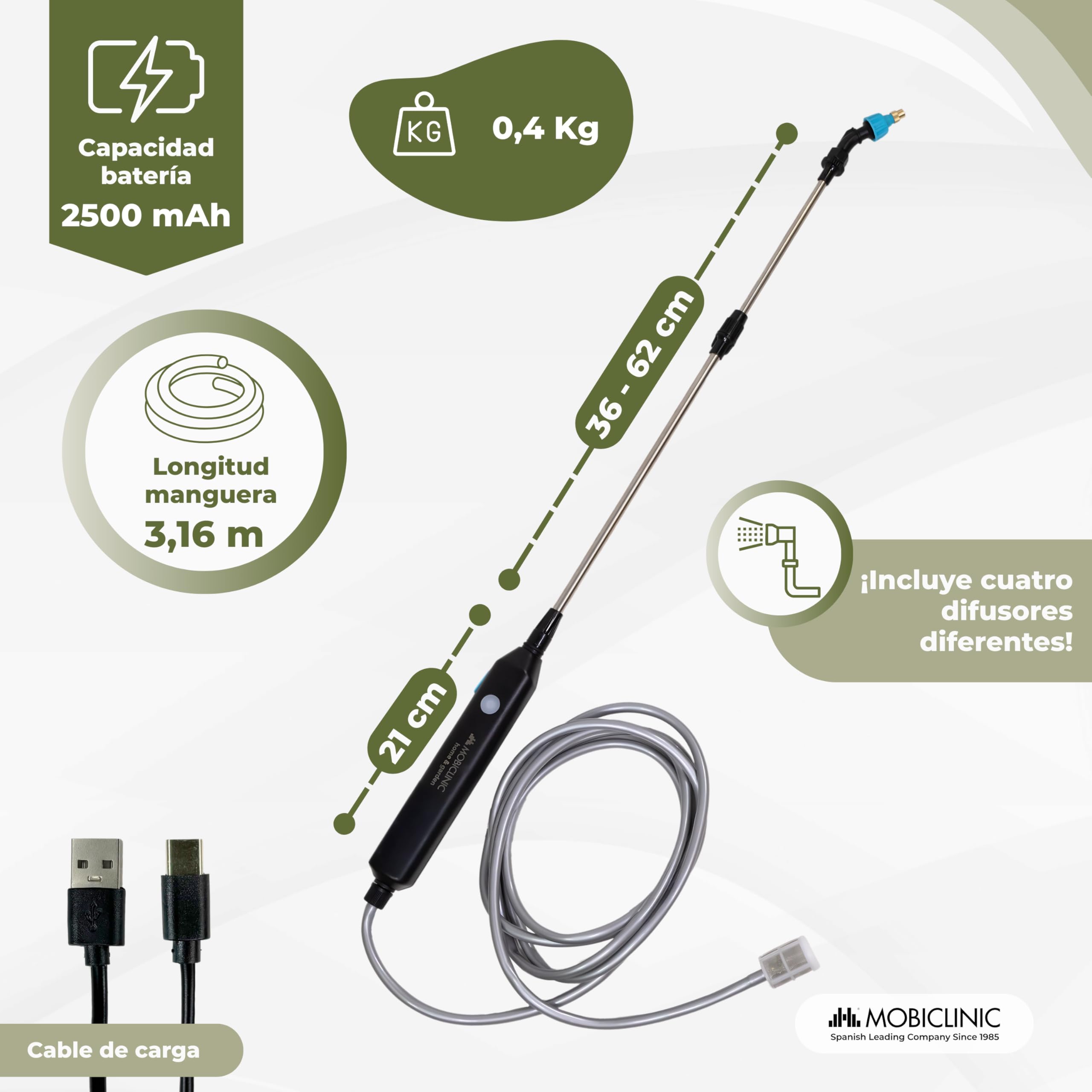 Mobiclinic®, Pulverizador Eléctrico, Manguera 3M, 4 Boquillas Intercambiables, 2 Potencias, Autonomía 2 a 3h, Varilla Extensible 60-85 cm, Carga USB, Mango Ergonómico, Riego y Limpieza, Profumig