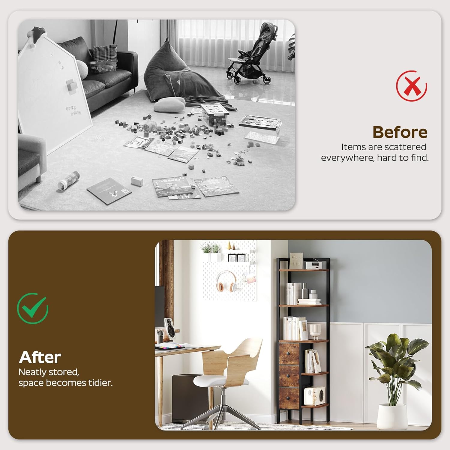 Corner Shelf Stand, 5-Tier Corner Bookshelf with 3 Drawers, Industrial Display Shelf for Narrow Spaces, Wooden Small Bookcase, Easy Assembly, Rustic Brown and Black CJ10BR