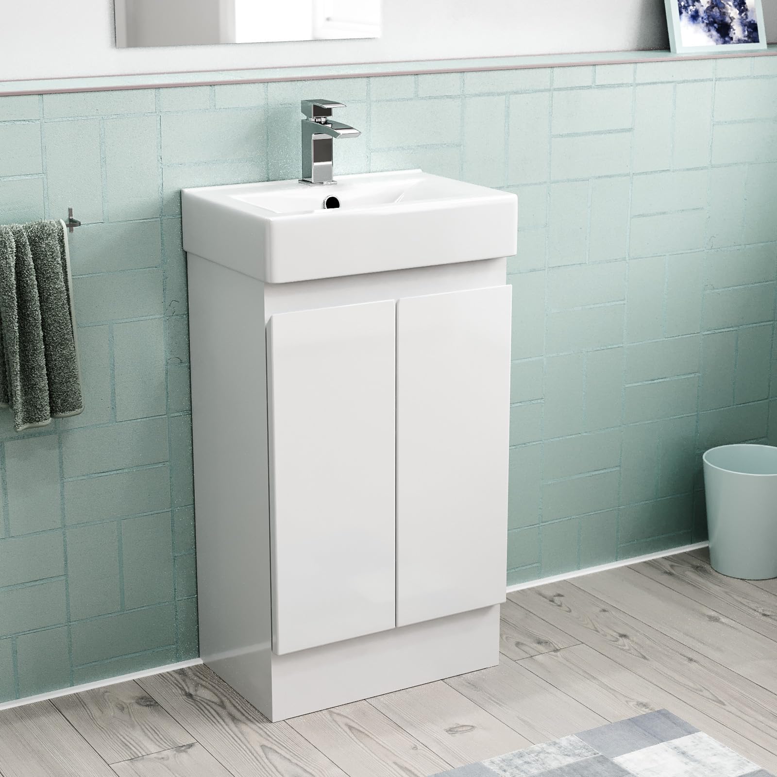 Nes Home White Modern 450Mm Freestanding Basin Vanity Unit 2 Doors Flat Pack