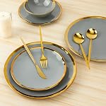 POKINI Dinnerware Set, 12 Pieces Plates and Bowls Set, Dish Set for Wedding Anniversary Birthday, Grey and Gold