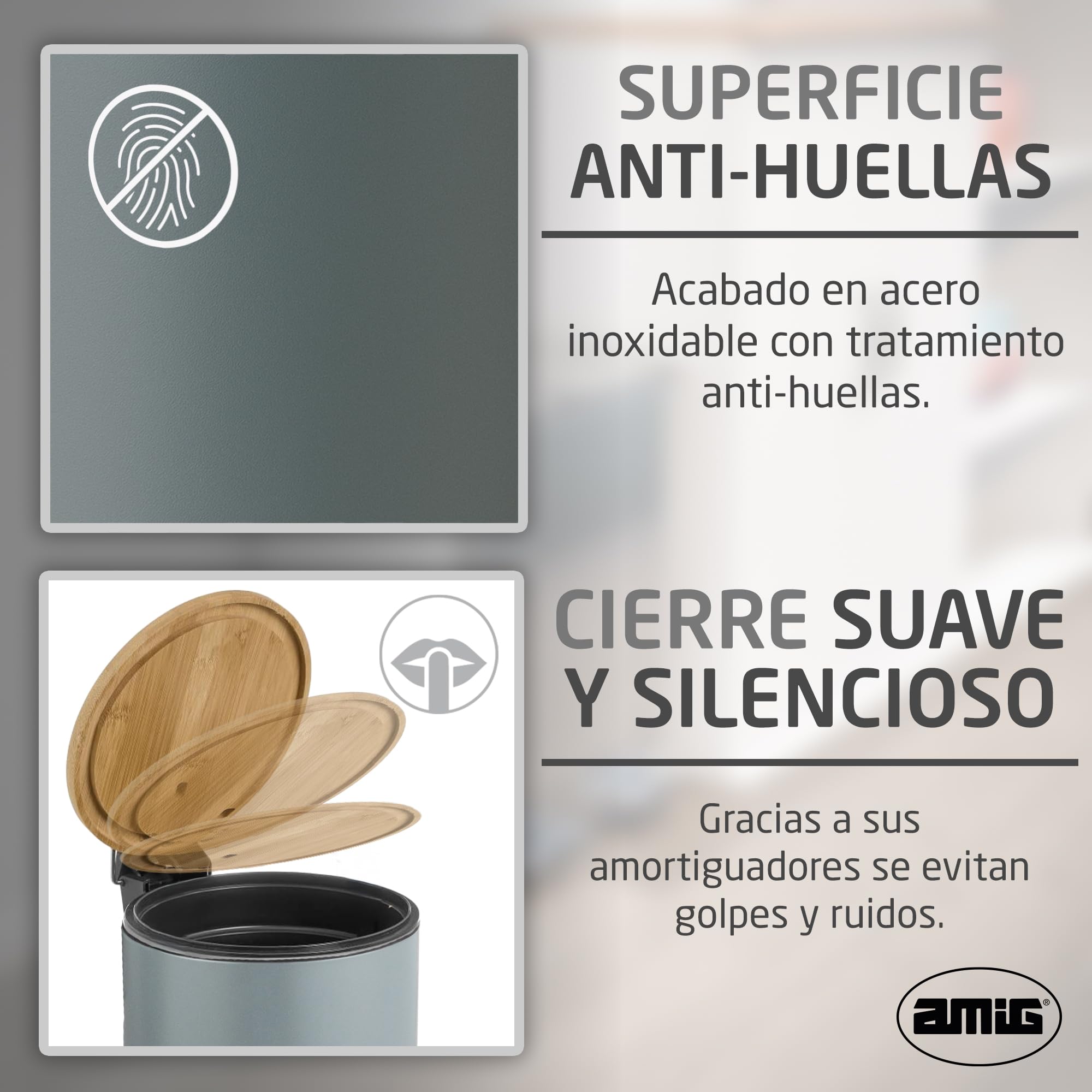 Amig Cubo Basura Baño Pedal 3 Litros Naturline Gris Bambú Acero Inoxidable Lacado 16,8x23 cm