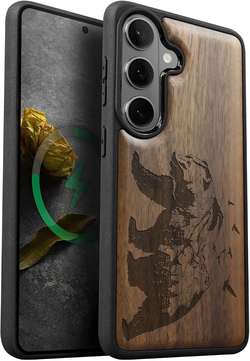 Carveit Wood Case for Galaxy S26 Plus, Bear and Valleys, Walnut | Magnetic Samsung Galaxy S26 Plus Case Compatible with MagSafe Wireless Chargers, Engraved Wood & Soft TPU Shockproof Bumper