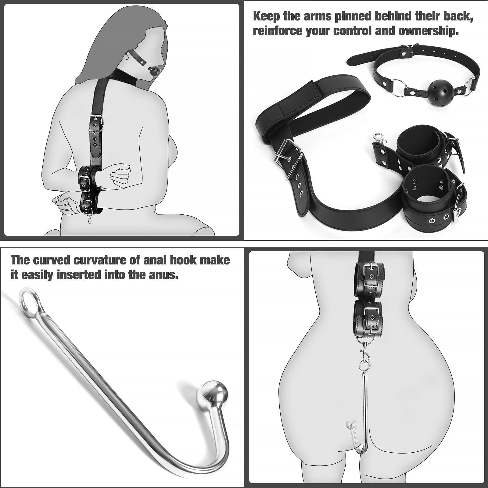 Collar de bondage sexual con gancho anal y mordaza de bola, kit de ataduras de cuero para esclavos BDSM de cuello a muñeca, arnés de esposas para la espalda BDSM,herramienta para juegos sexuales.