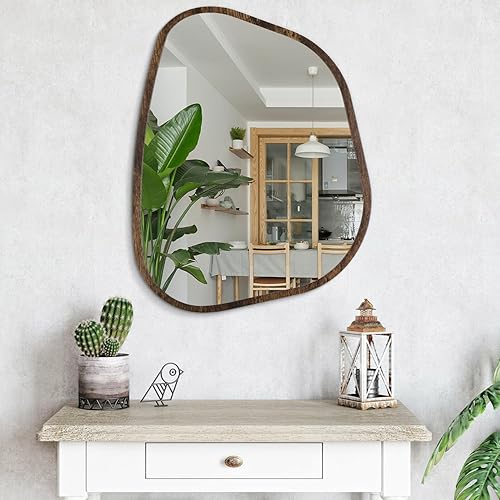 Miniatura 206 de Espejo de pared irregular de 26 x 18 pulgadas, espejo de baño grande asimétrico con marco de madera, espejos decorativos artísticos modernos
