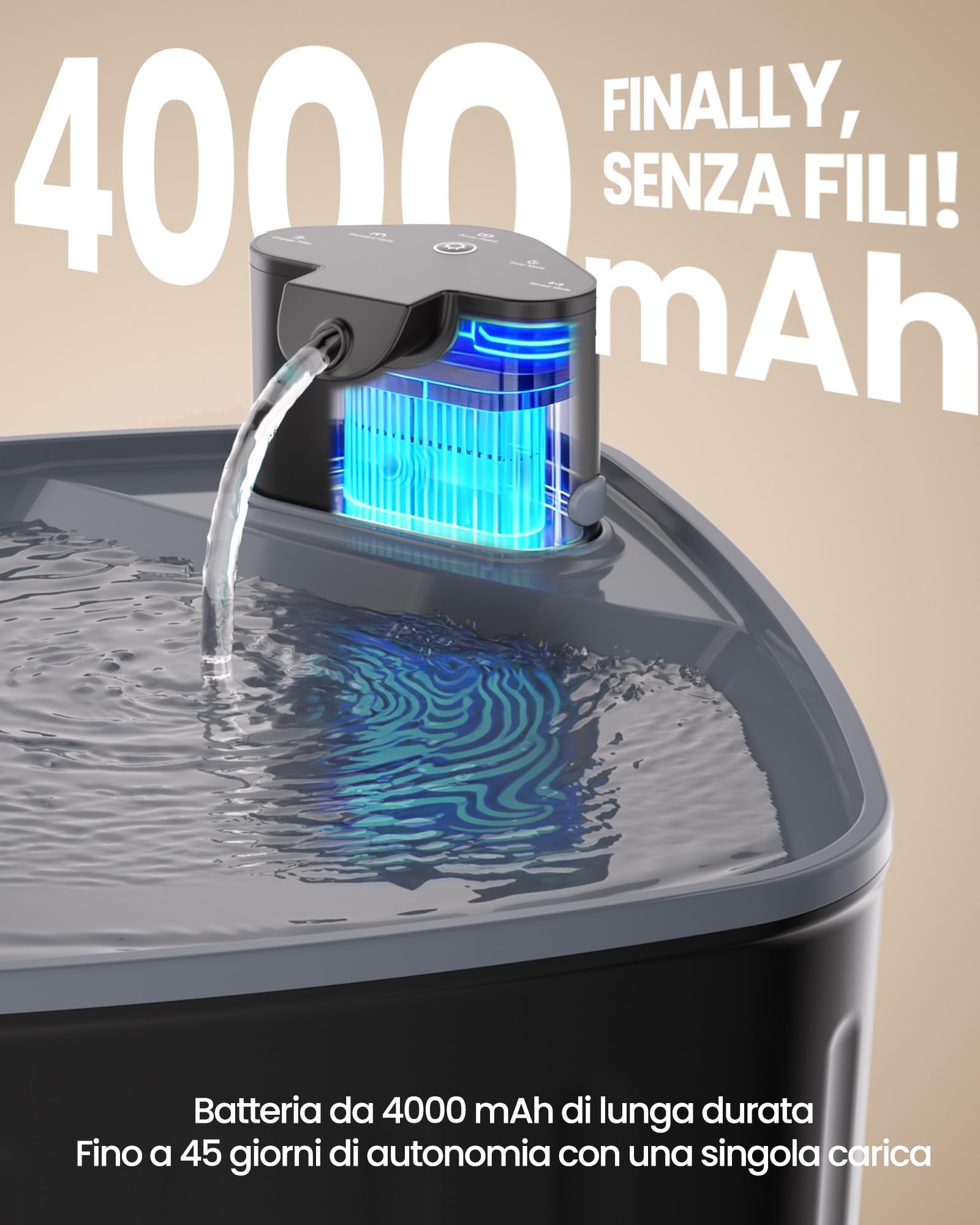 Kittyspout Fontanella per Cani Senza Fili, 8L Fontanella per Gatti e Cane Grosso con Sensore di Movimento, Batteria Ricaricabile Integrata da 4000mAh, con Pompa Silenziosa e Filtro Carbonio Attivo
