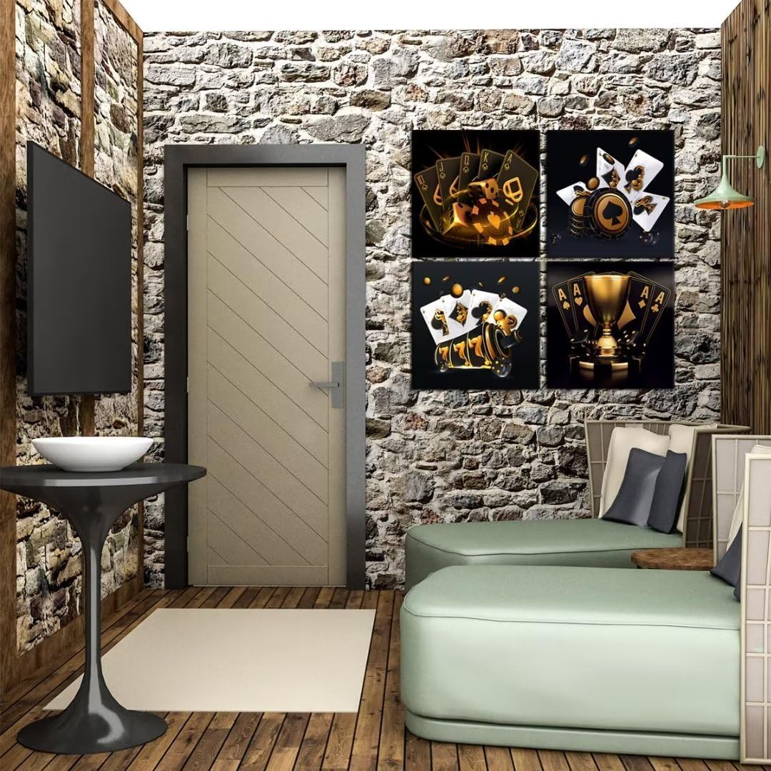 Wall HDQ Poker Wall Art for Casino, Black and Gold Wall Decor Playing Cards Painting Dice Chips Trophies Canvas Print Poster for Bar Hotel Play Room Gaming Room Party Home Decor - 12''x12'' x 4Pcs