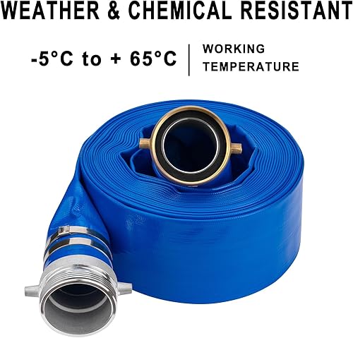 Miniatura 5 de Manguera de descarga y retrolavado de PVC azul de 3 x 50 pies para piscinas, manguera de piscina plana reforzada resistente con accesorios de