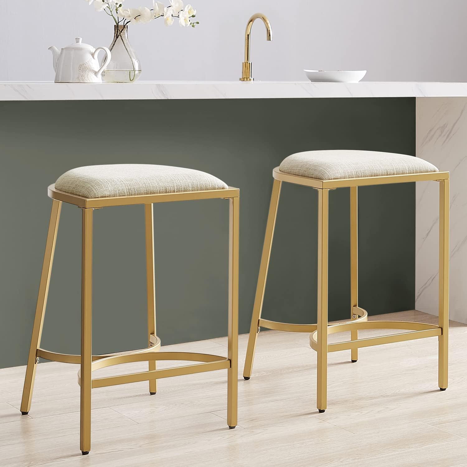 HomeStock Counter Stools Set of 2 - Neo-Classical Bar Stools, Gold & Oatmeal, Modern Kitchen Seating